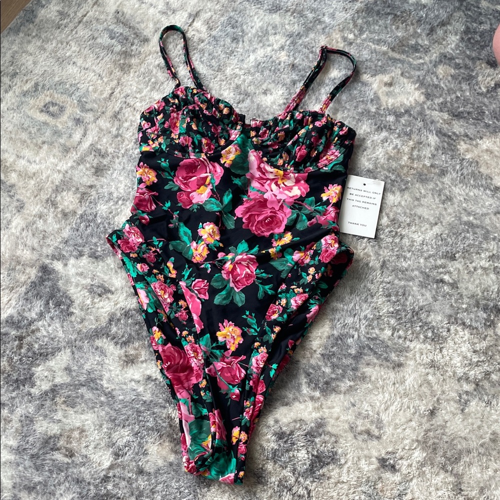 For Love And Lemons Black Swimsuit with Pink and Green Floral